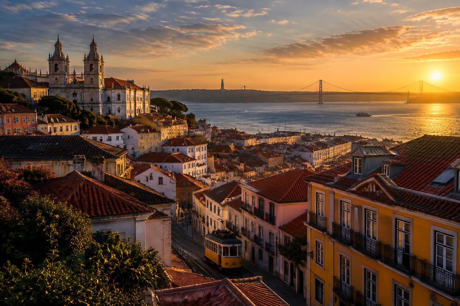 Vista de Lisboa e do Tejo ao pôr do sol