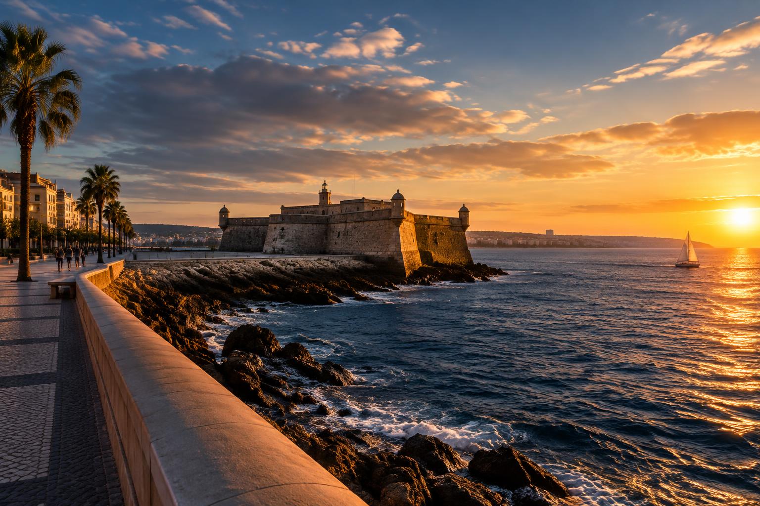 Frente marítima e fortaleza em Oeiras